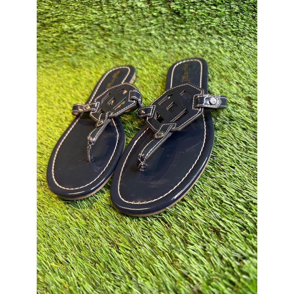 J.McLaughlin‎ Navy Blue Patent Leather Medallion Thong Sandals Preppy Flat  8.5 - Picture 2 of 5